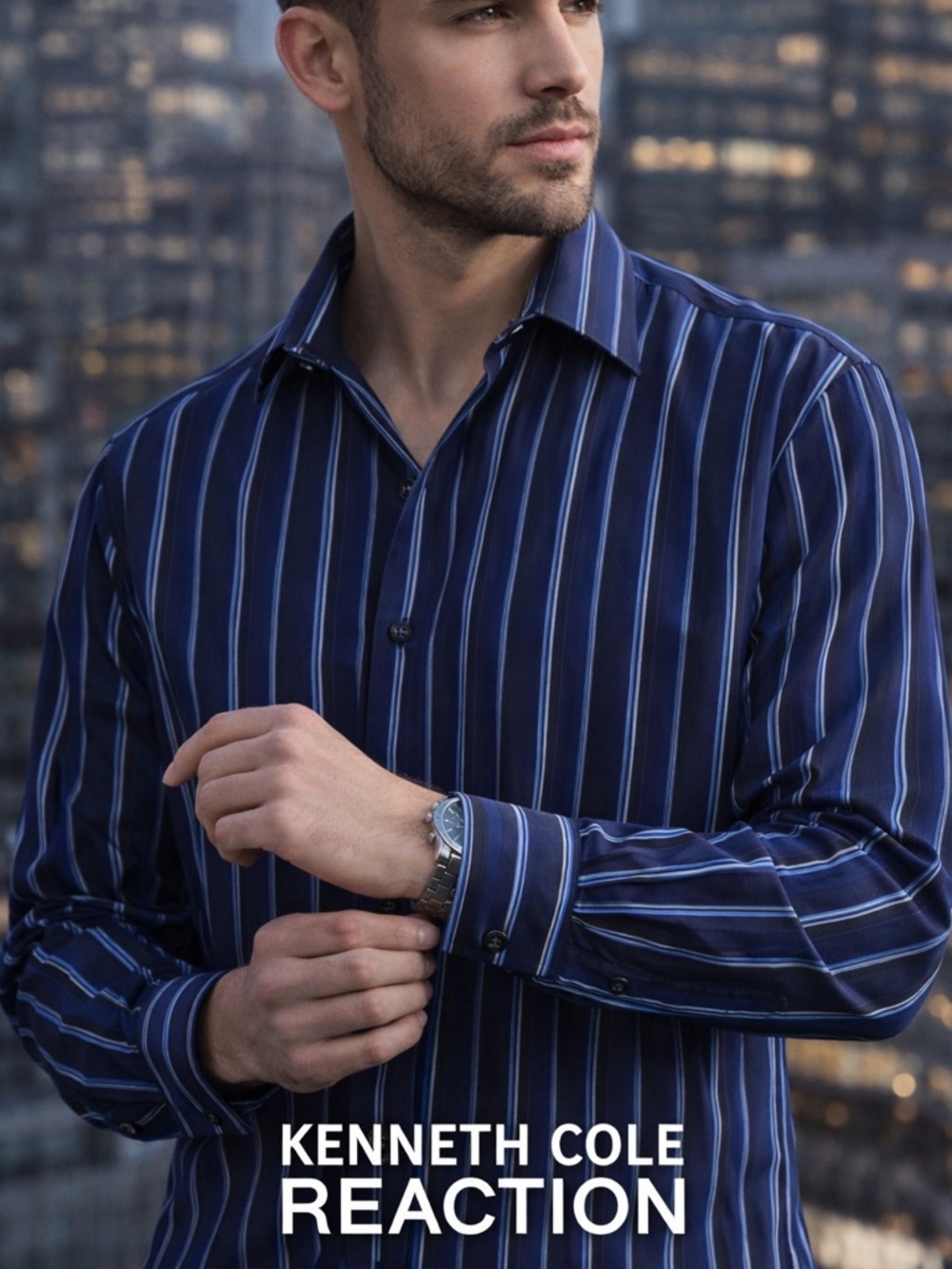 Kenneth Cole Reaction Men’s Navy Shirt with Light Blue & White Stripes